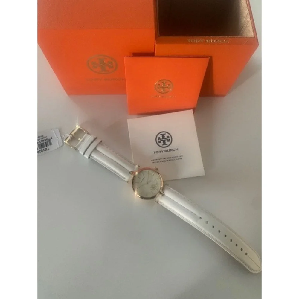 Tory Burch TBW2040 Gold Tone White Leather Band‎ Logo Dial Women's Watch NIB